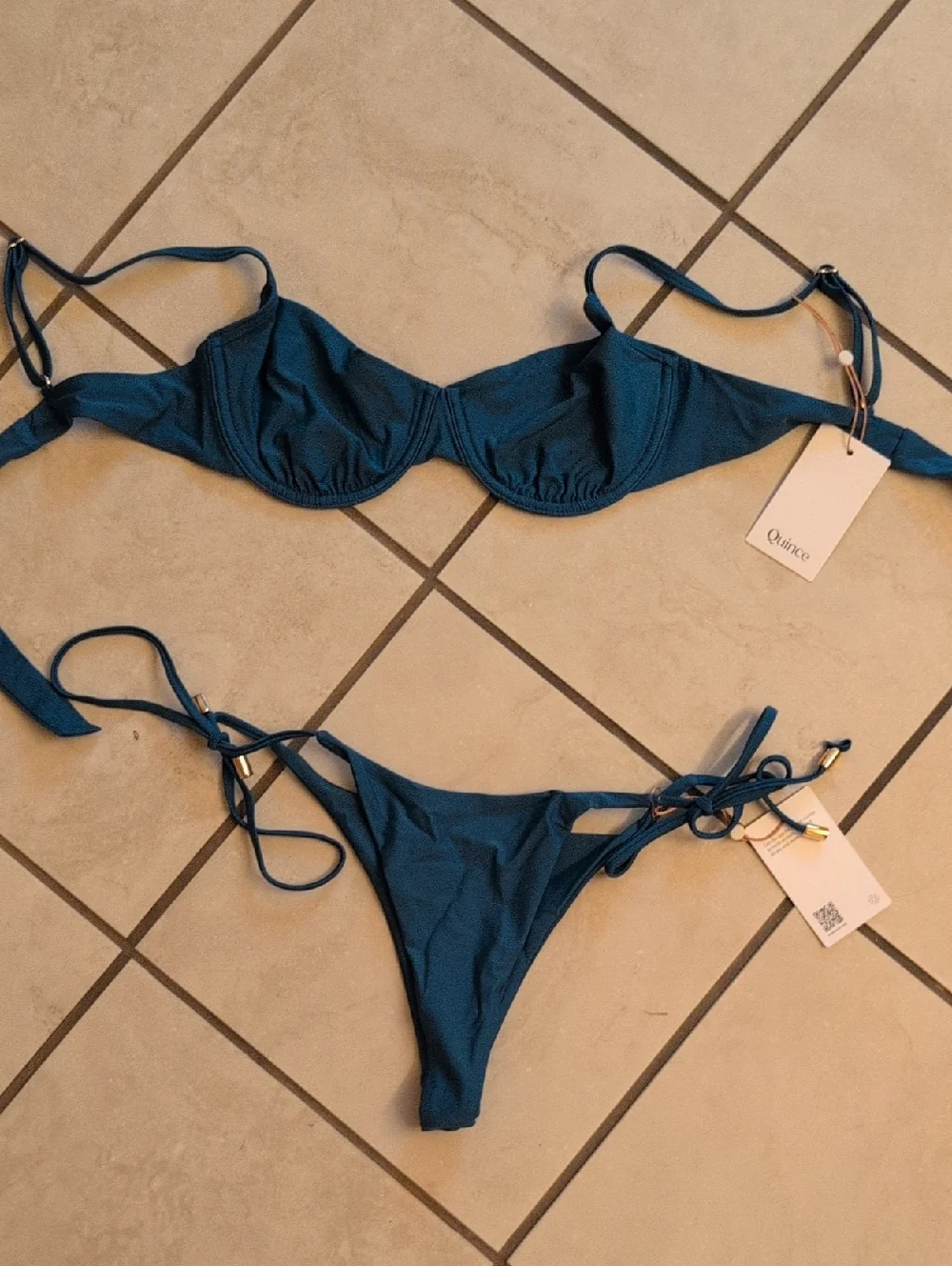 NWT Quince Bikini Set Demi Bikini Top Side-Tie Bottom Lagoon Teal blue Size M